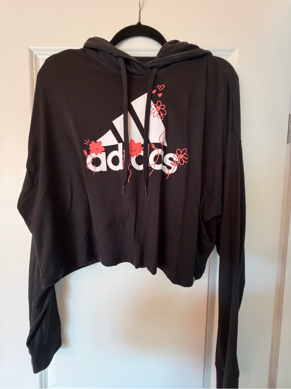 adidas Black Cropped Hoodie with Pink Floral Trefoil